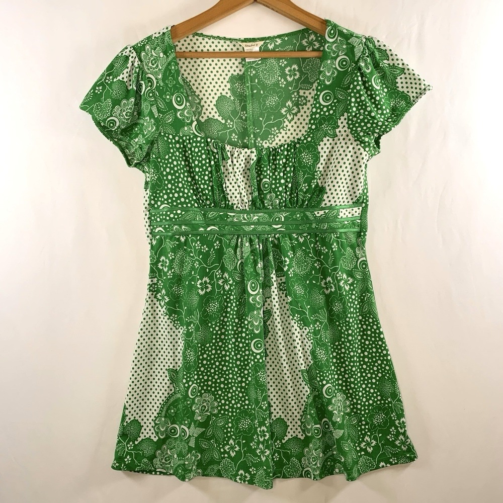 Studio Y Womens Y2K Retro Floral Polka Dot Babydoll Tunic Top Sz L Green Twee